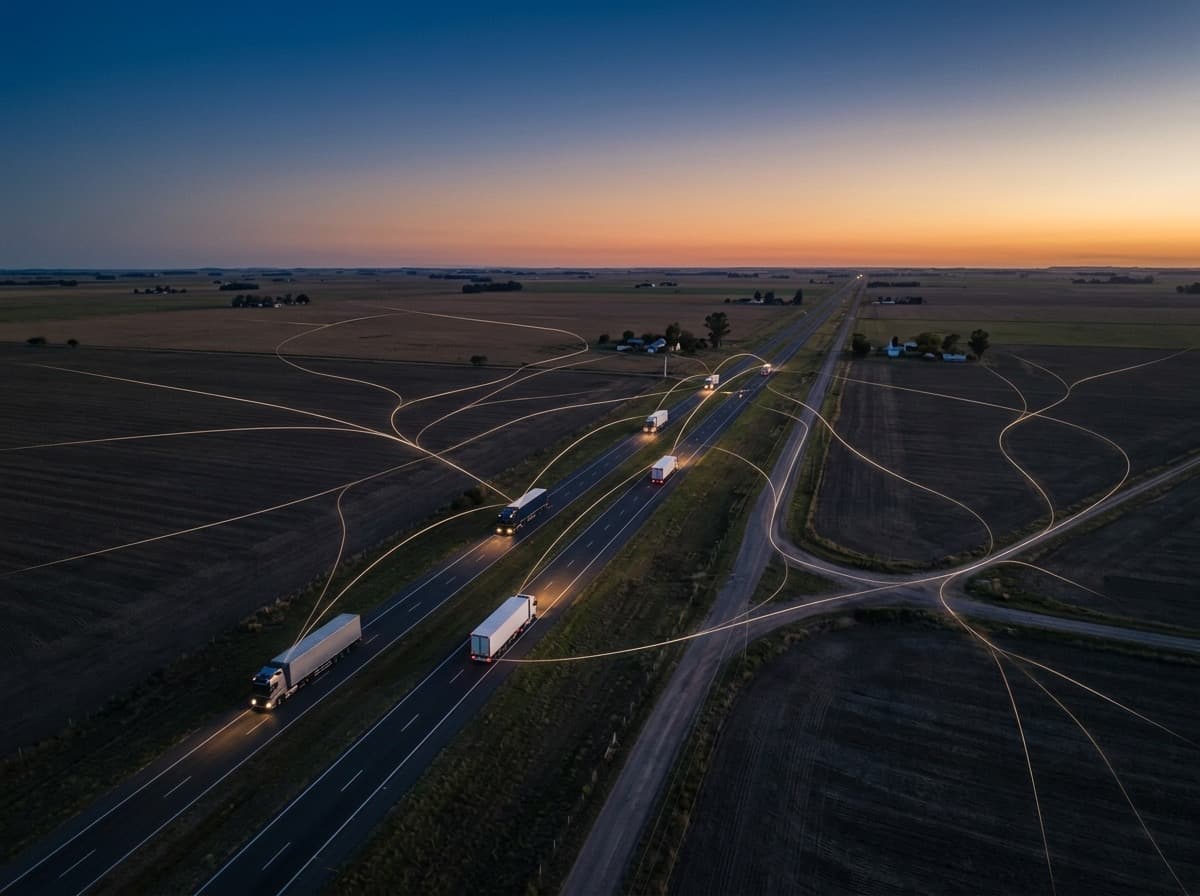 Camiones en una ruta de la llanura pampeana al atardecer