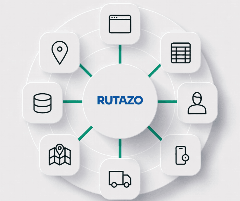 Rutazo al centro, conectado con el sistema de gestión, la web, las planillas, el cliente, los choferes y los mapas